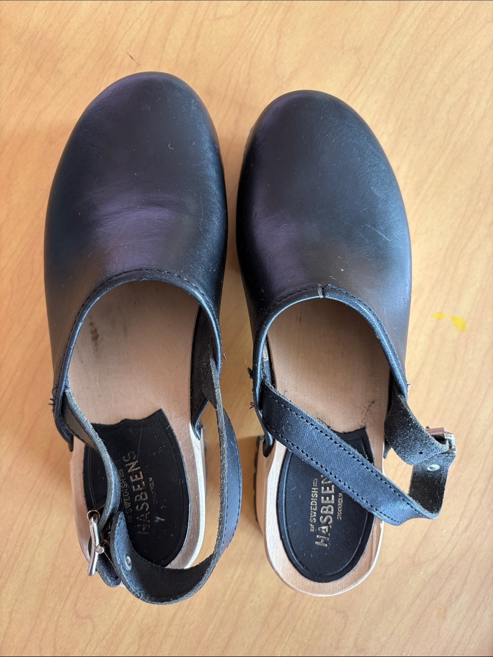 Swedish Hasbeens Black Leather Slingback Clogs with Natural Wood Sole 7.5 - Picture 4 of 5